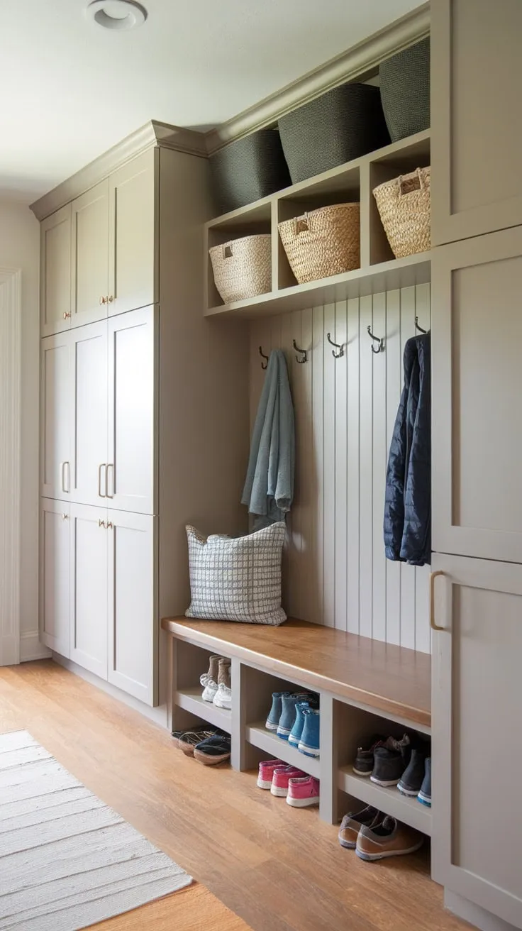 A stylish mudroom boasts ample storage, including a pantry, bench, lockers, and cabinets, keeping coats, shoes, and belongings organized in a functional and inviting space