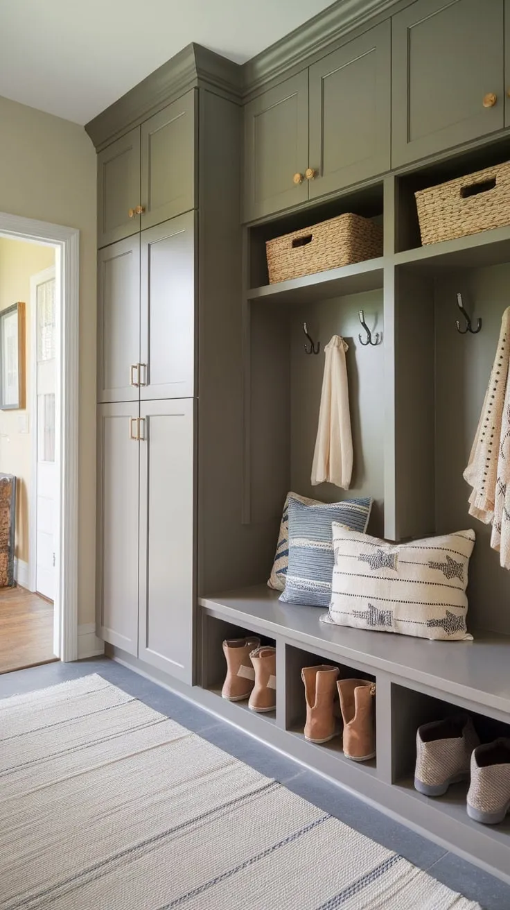 A compact mudroom pantry seamlessly blends storage solutions including a bench, lockers, and ample cabinets for ultimate functionality.