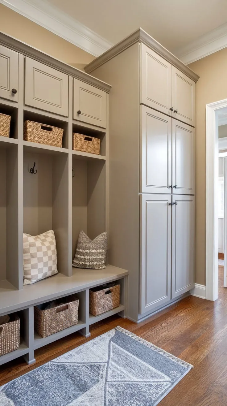 A bright, organized mudroom boasts ample storage—from lockers and cabinets to a bench with baskets— seamlessly integrated with a convenient pantry.