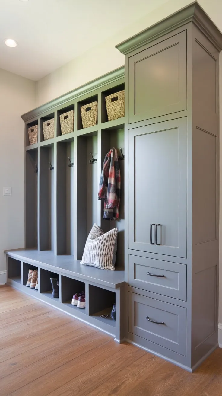 Organized family entryway combines mudroom and pantry features in a space-saving design with ample storage.