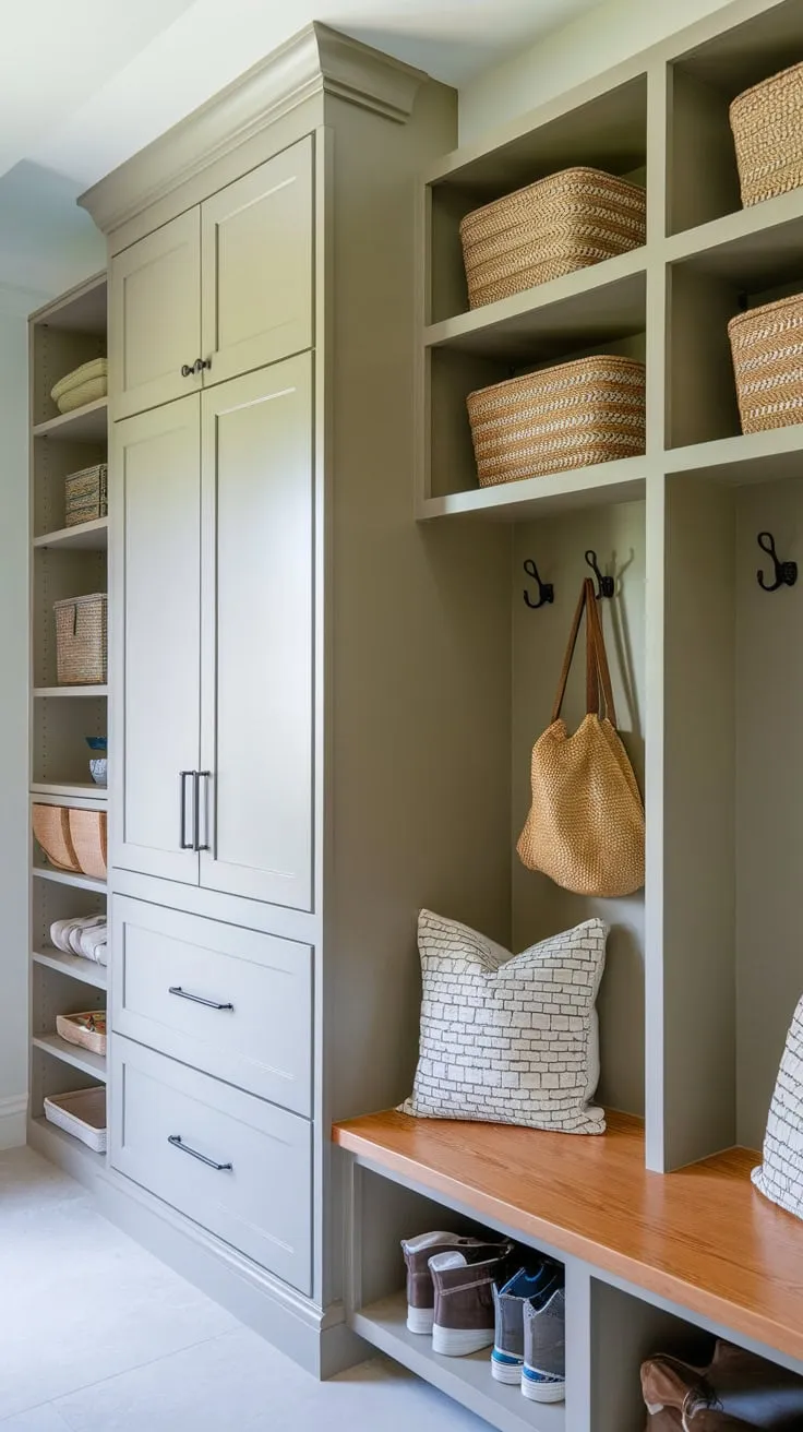 This functional mudroom boasts ample storage, including a pantry, bench, lockers, cabinets, and a designated drop zone for ultimate organization