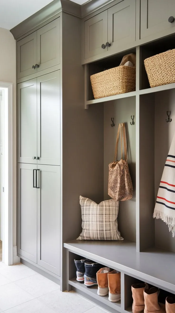 A functional and stylish mudroom design cleverly combines a pantry and bench with a drop zone, lockers, and various cabinets for efficient storage.