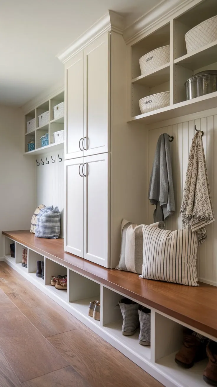 A stylish mudroom boasts built-in storage solutions including a pantry, bench, lockers, and shelving, creating a highly efficient and organized entryway.
