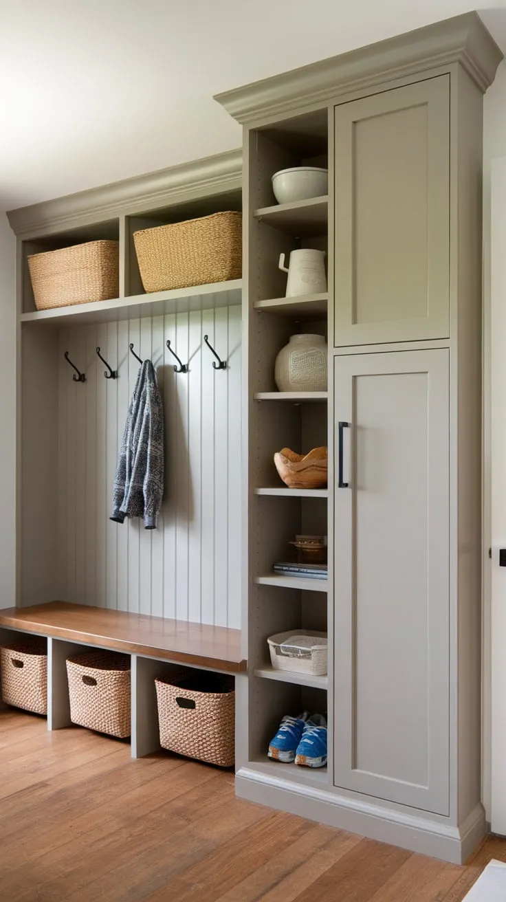 Organize coats, shoes, and groceries efficiently in this stylish mudroom pantry combo featuring a bench, coat rack, and tall storage cabinet.