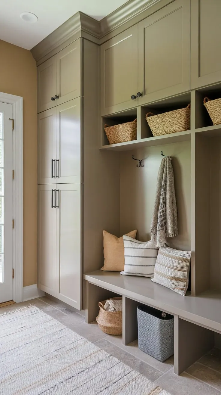 A beige-walled mudroom cleverly combines pantry, bench seating, lockers, and drop zone for ultimate functionality.