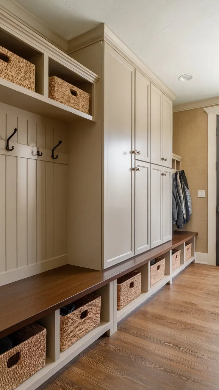 Organized chaos ends with this mudroom pantry featuring built-in storage and a charming design.