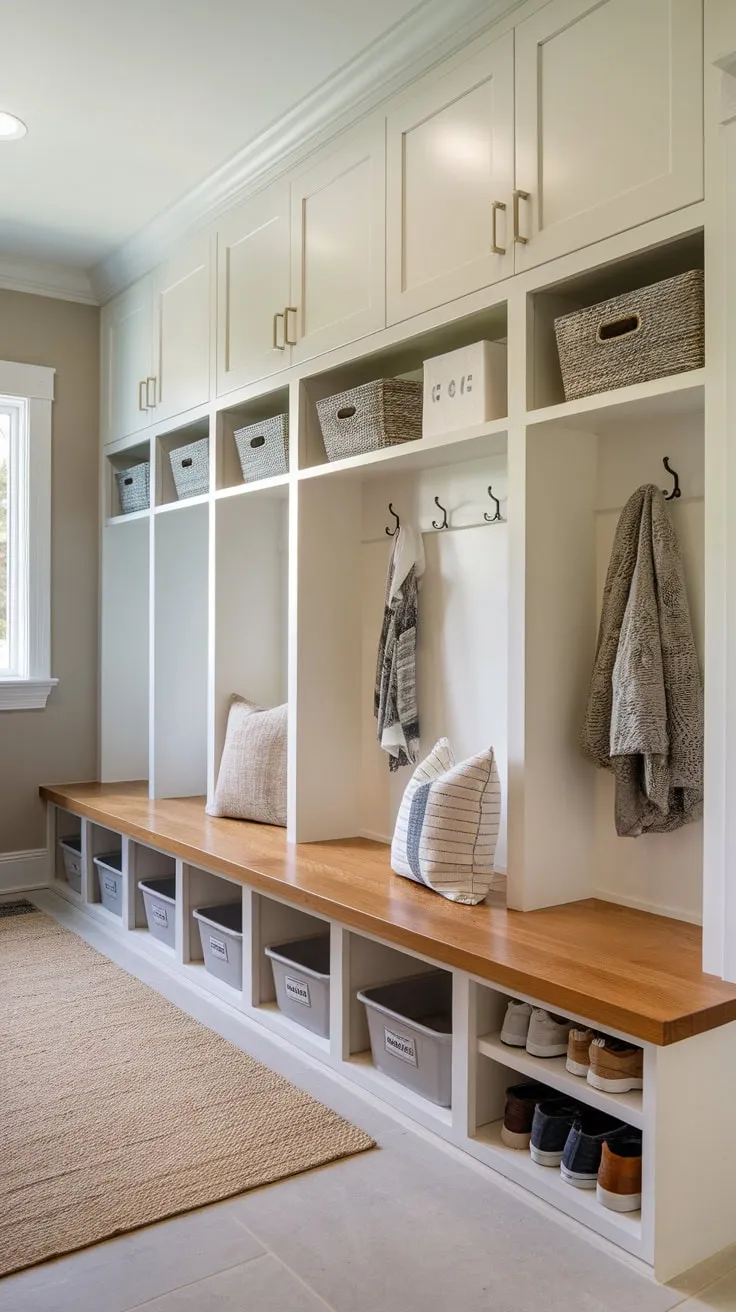 A cleverly designed mudroom pantry combo offers ample storage via bench seating, lockers, cabinets, and shelving for ultimate organization and convenience.