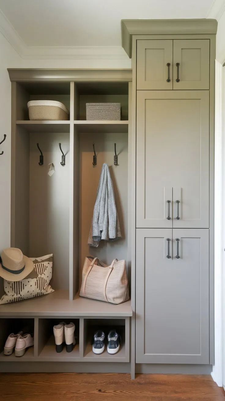 A compact mudroom pantry cleverly combines storage solutions like a bench, lockers, and wall hooks, maximizing functionality in a small space.