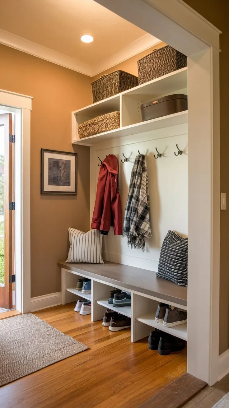 A cozy small mudroom maximizes space with a split entry, bench seating, overhead storage, and warm lighting.