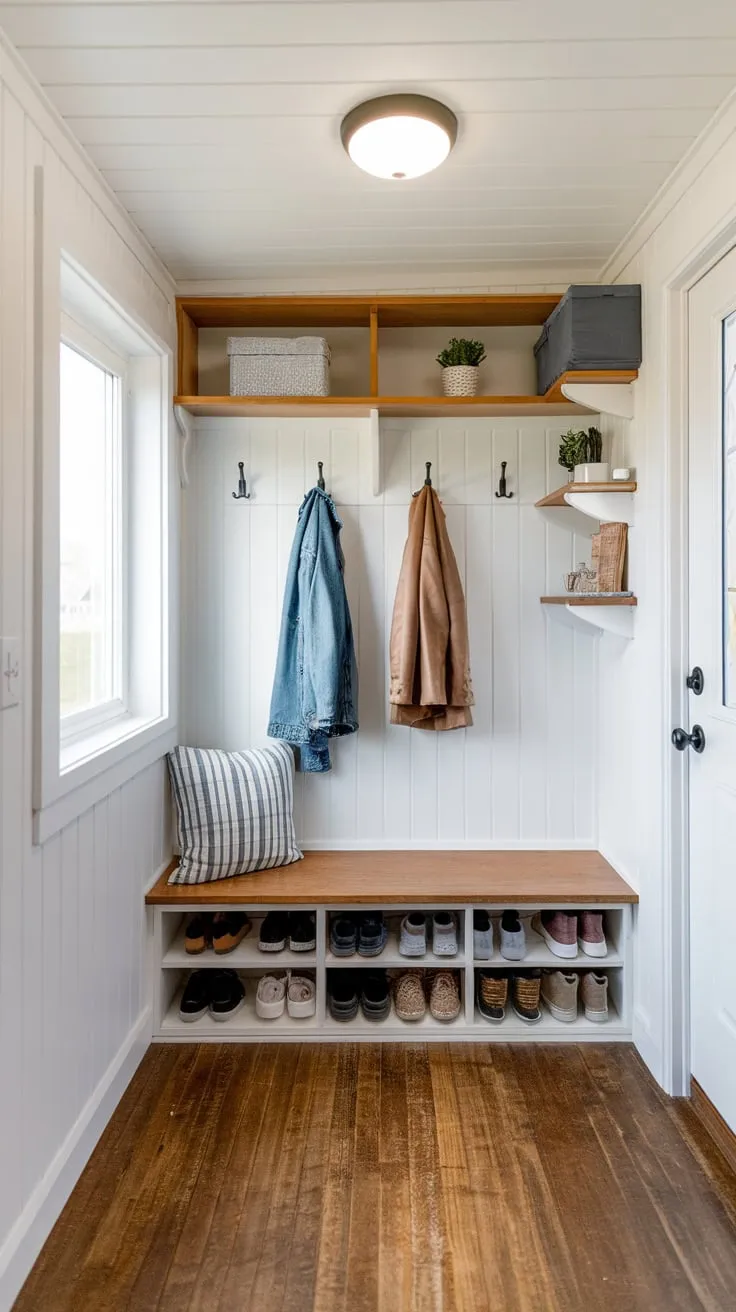 A bright tiny home entryway maximizes small-space mudroom functionality with split-entry shoe storage, a coat bench, wall shelves, and wood flooring.