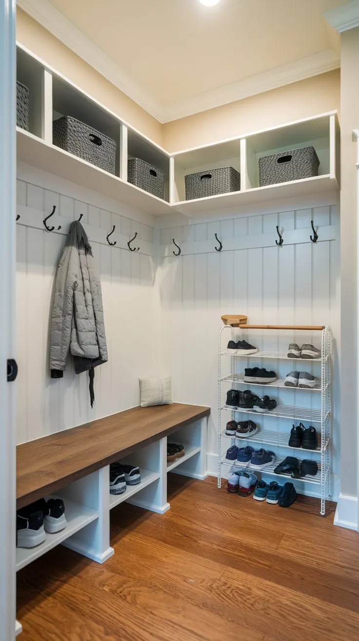 A bright small mudroom maximizes space with a coat rack, bench, multi-level shoe storage, and wall shelves for ultimate organization