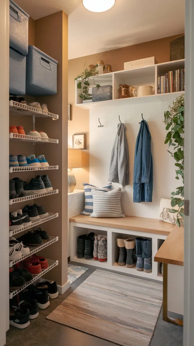 A cozy small mudroom maximizes space with a split entry, bench storage, wall hooks, and shoe rack, creating a welcoming and functional entryway