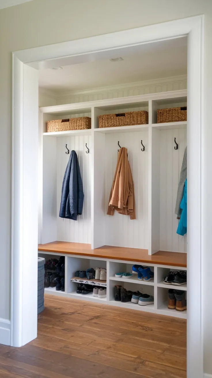 This tiny mudroom cleverly uses a split entryway and built-in storage to conquer clutter.