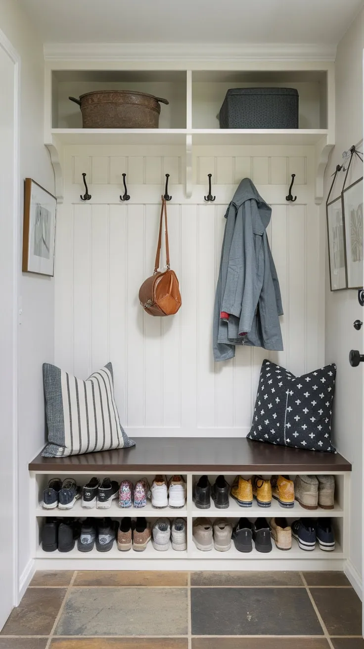 A tiny foyer transforms into a highly efficient mudroom using clever storage solutions including a bench, coat rack, and wall hooks, all within a tiled area.