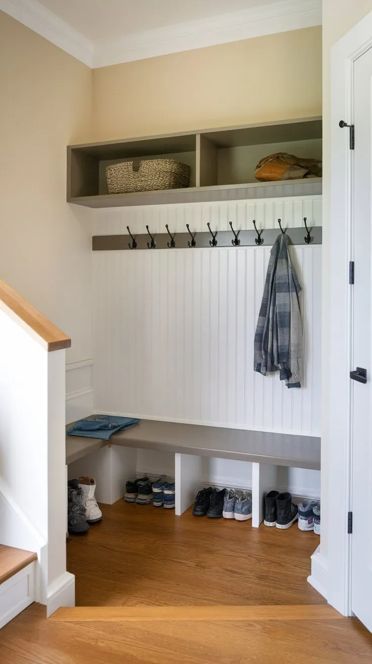 This compact mudroom's split-level design and strategic storage solutions create a functional and well-organized entryway despite its small size.