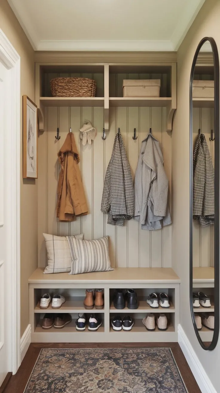 A beige mudroom maximizes small-space functionality with a bench, hooks, shelves, and mirror for efficient coat and shoe storage