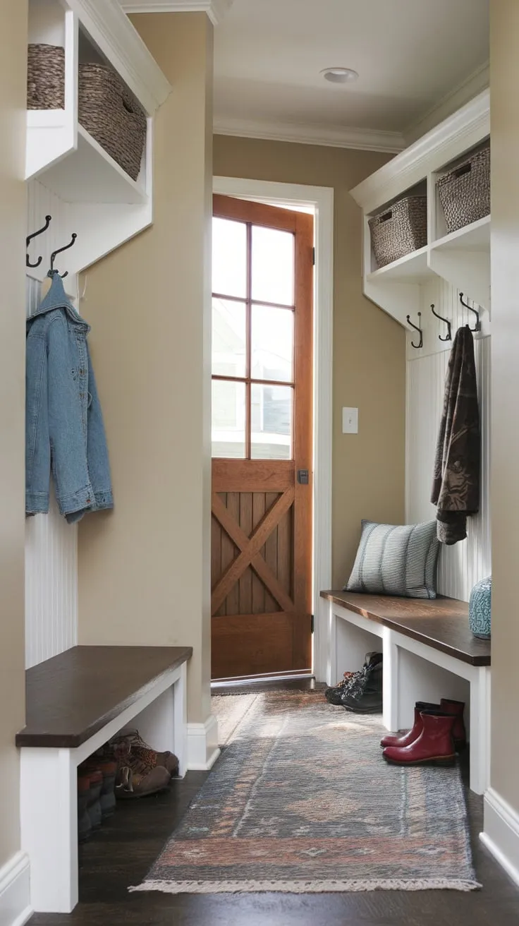 A beige-walled small mudroom maximizes space with a split entry, coat rack, storage bench, and rug, keeping coats and shoes organized.