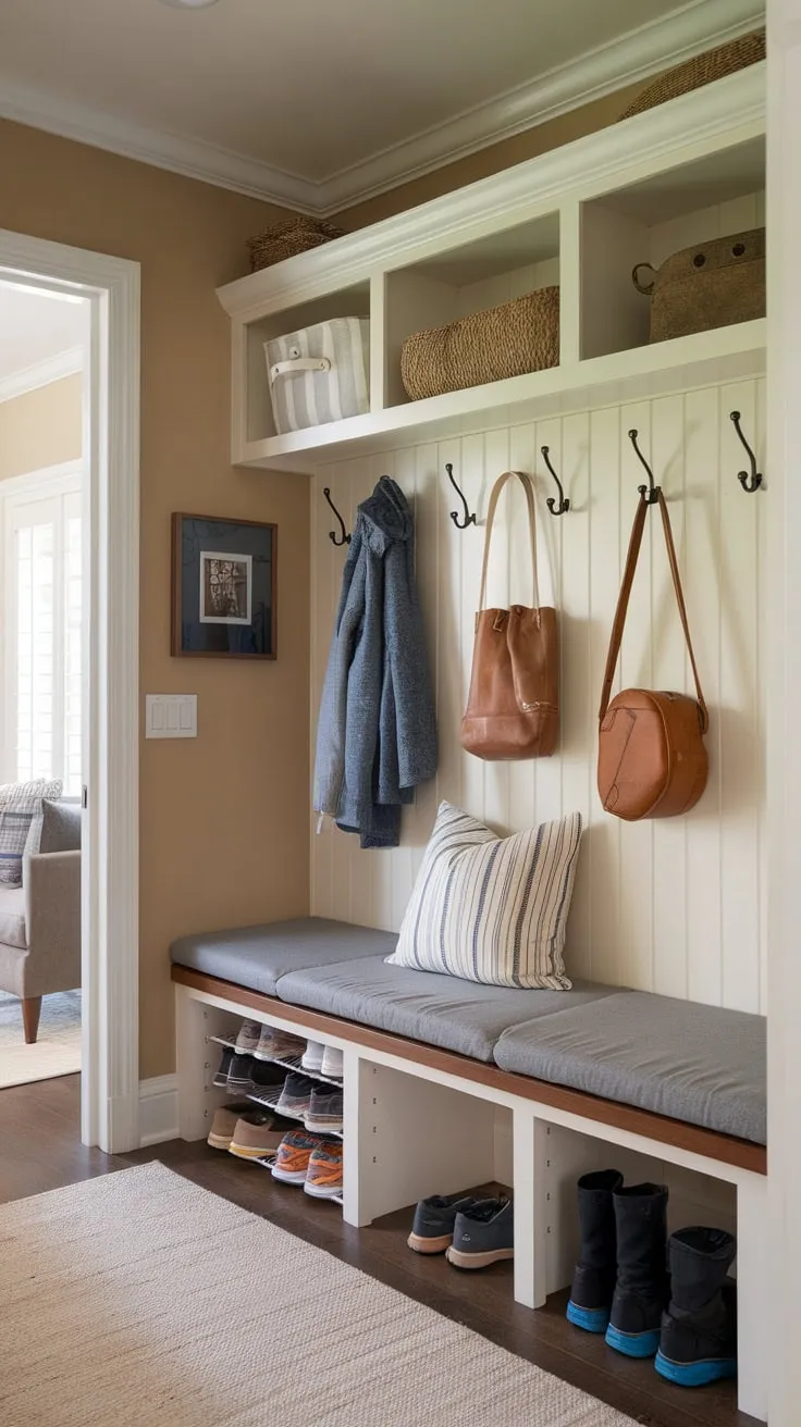 A cozy beige mudroom maximizes small-space organization with a split entry, bench seating, ample hooks, overhead shelving, and shoe storage.