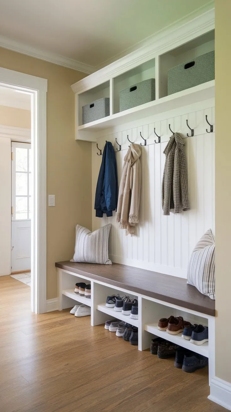 Clever design transforms a tiny mudroom into a functional and organized entryway.