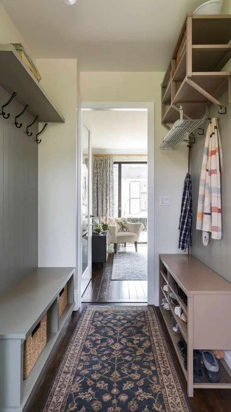 Maximize a small foyer's functionality with clever storage solutions like a bench, coat rack, and shelving unit, all within a stylish space-saving design