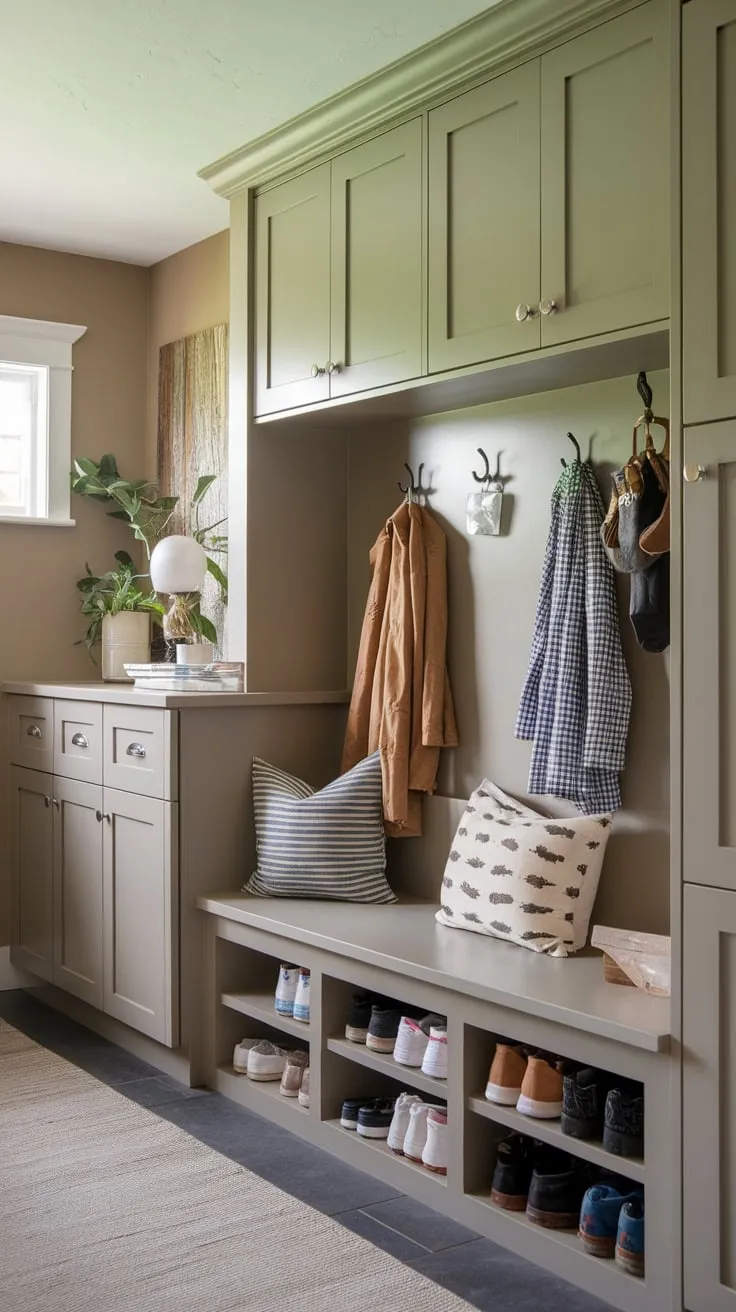 A cozy beige mudroom maximizes small-space storage with a split entry, bench seating, and clever cabinet solutions