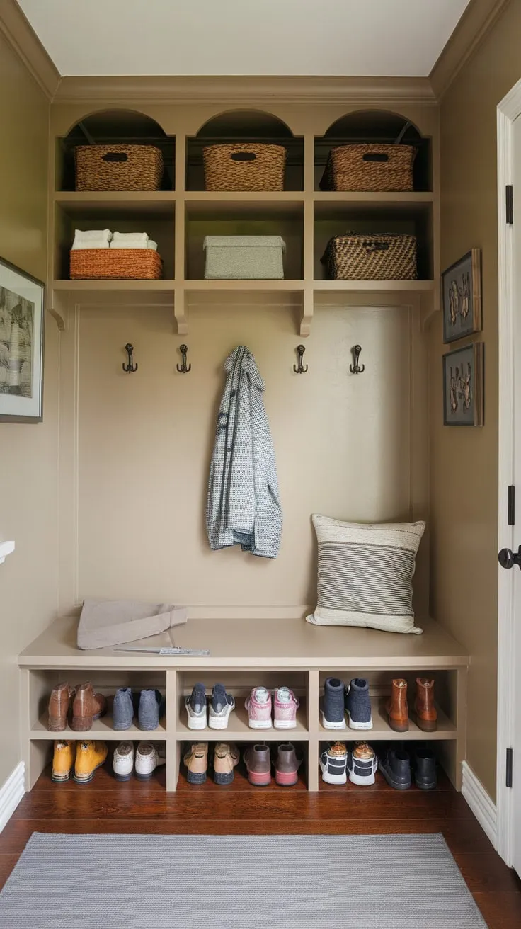 A warm beige and gray small mudroom cleverly uses split-entry shoe storage, a bench, and shelving to create an inviting and functional space.
