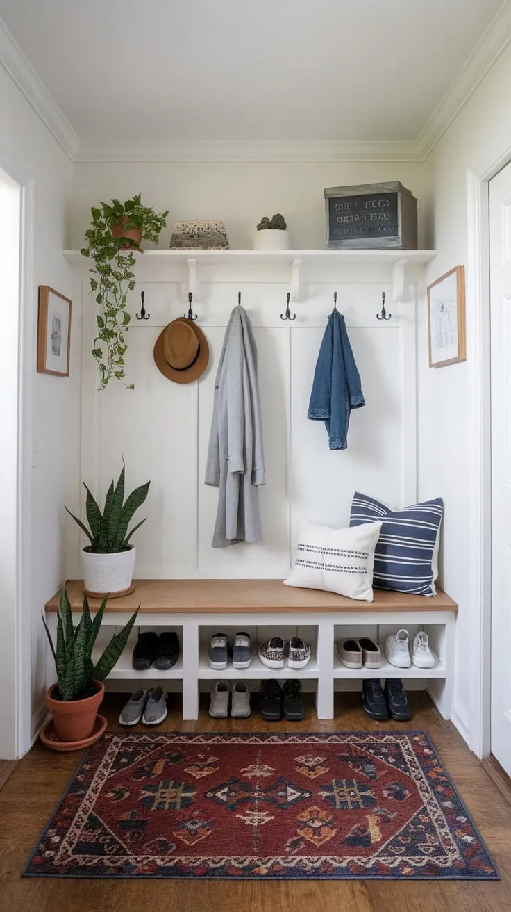 A bright white mudroom maximizes small-space storage with a bench, hooks, and shelf, creating a welcoming entryway.