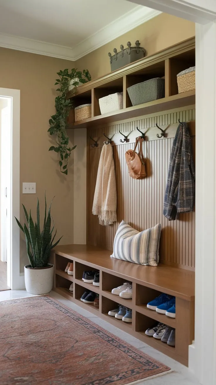 This well-lit small mudroom cleverly uses a bench and split-entry shoe storage to create efficient organization despite its limited space.