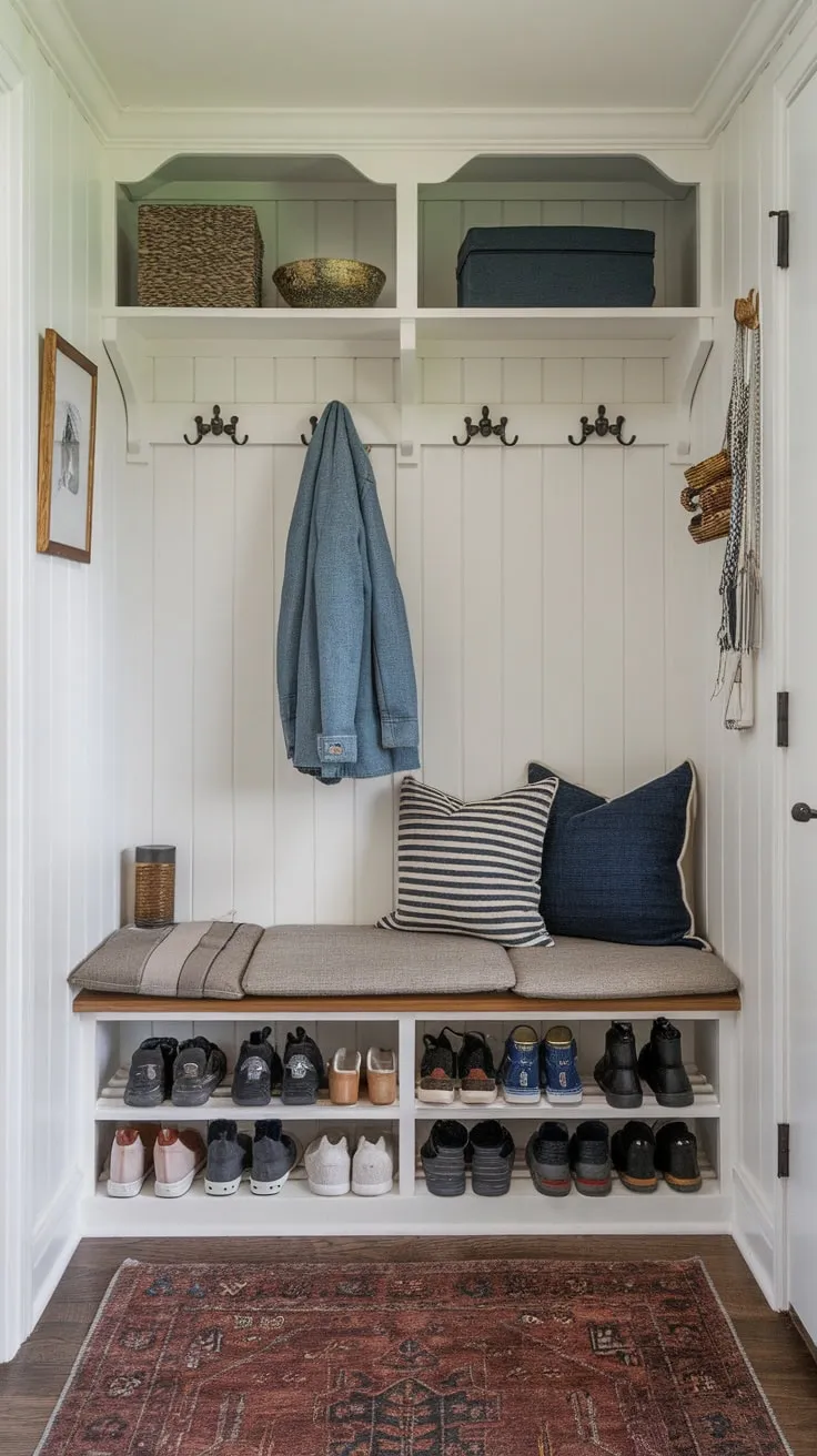 A compact yet functional mudroom design cleverly combines shoe storage, a bench, coat rack, and wall hooks to optimize a small space.