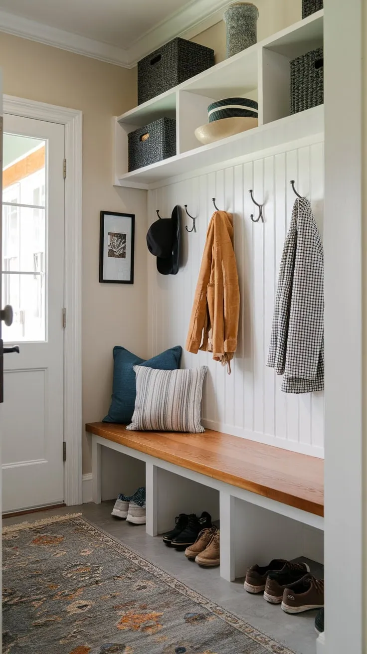 Clever design transforms a small mudroom into a functional and charming space using a split entry, built-in storage, and decorative touches.
