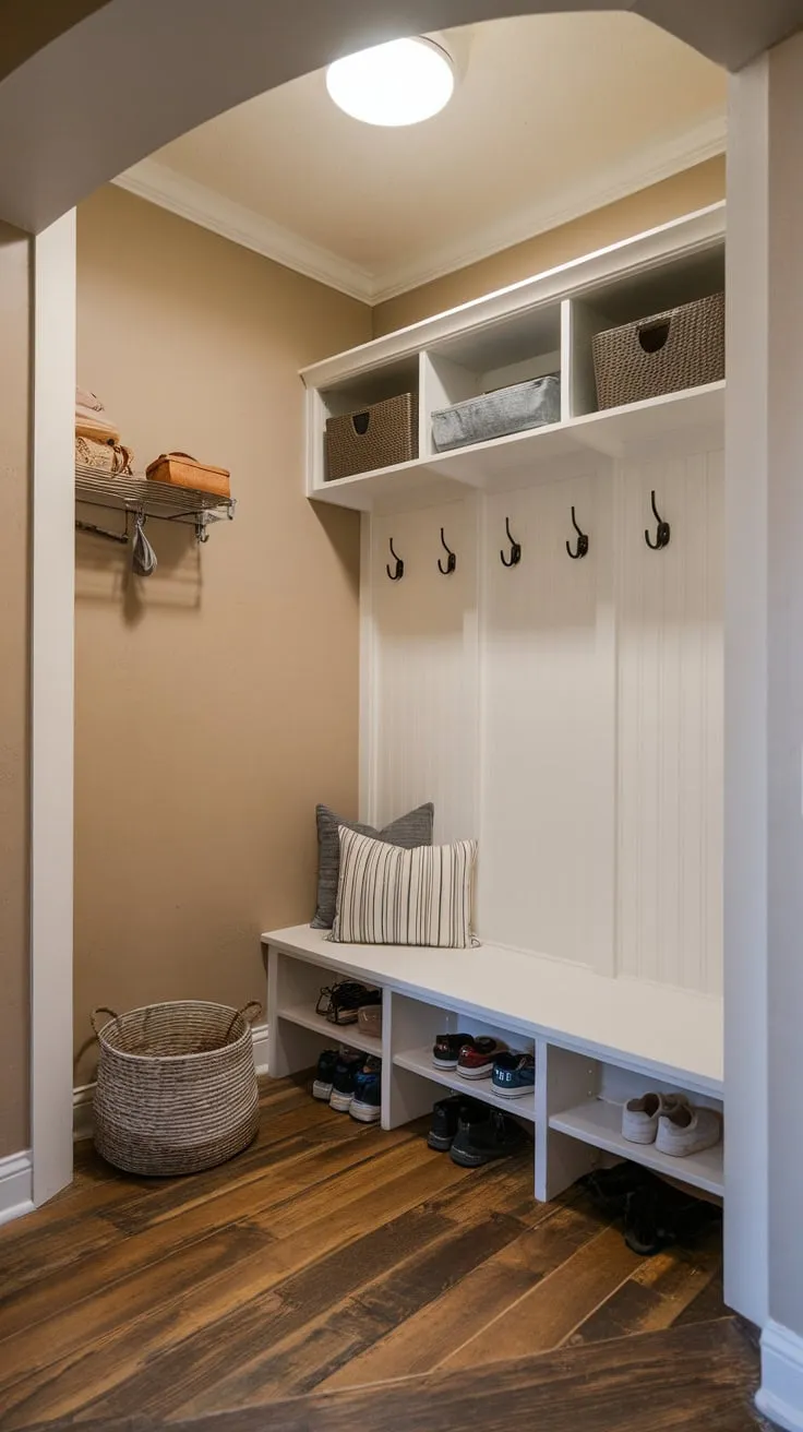 Maximize a small mudroom's functionality with a bench, hooks, and smart storage solutions for shoes and coats