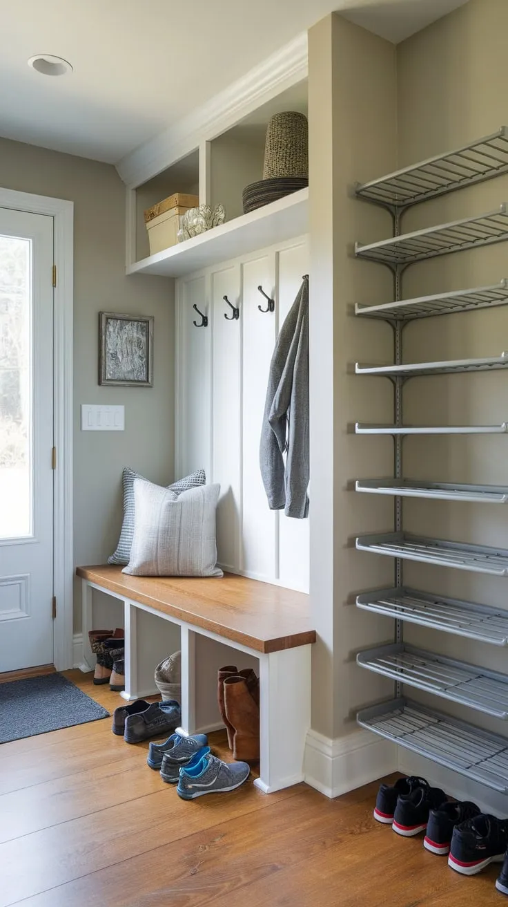A cleverly designed split-entry mudroom packs maximum storage—from coats and shoes to decorative items—into a minimal footprint.
