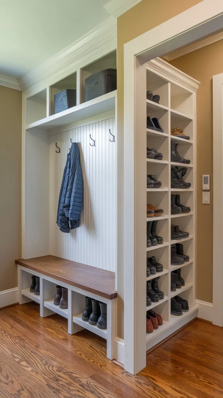 A small mudroom cleverly maximizes space with split entryways for coats, shoes, and a bench, all within a warm hardwood-floored setting