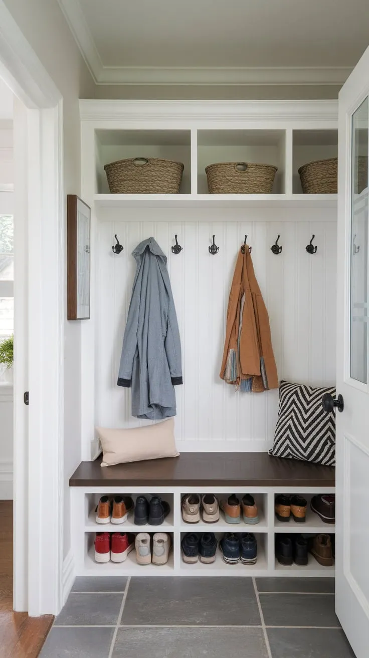 A tiny mudroom cleverly uses a bench, hooks, and tiered shoe storage to conquer clutter and create a welcoming foyer.