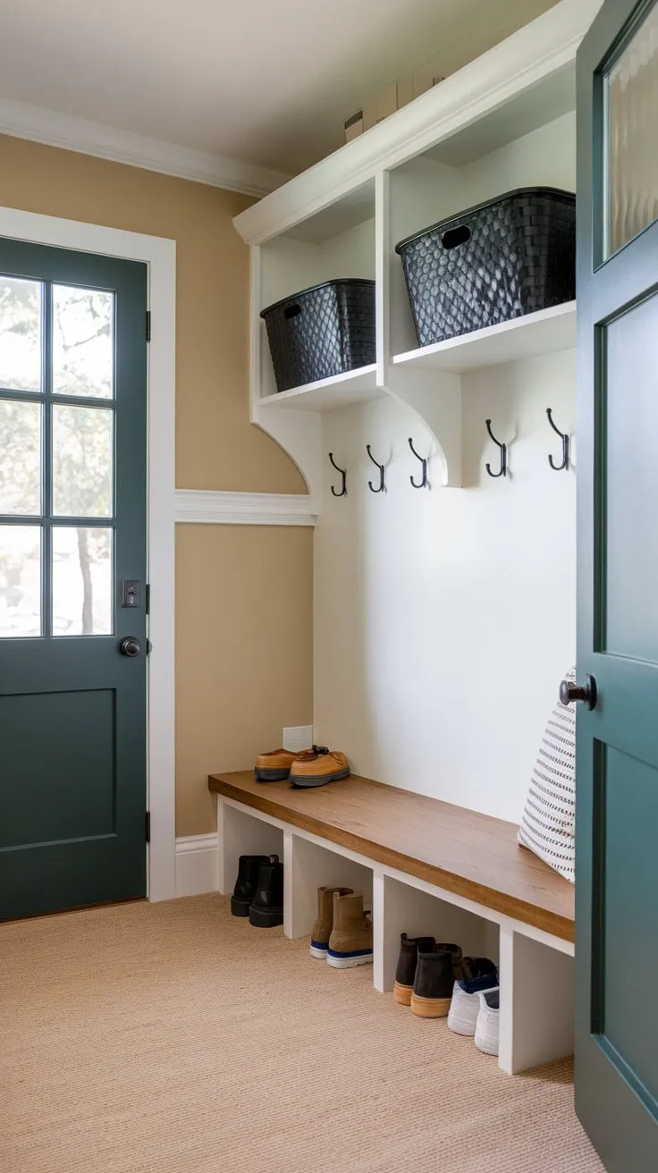 A small mudroom maximizes space with split-entry shoe storage, a bench with hooks, and wall shelves in a calming beige and green palette