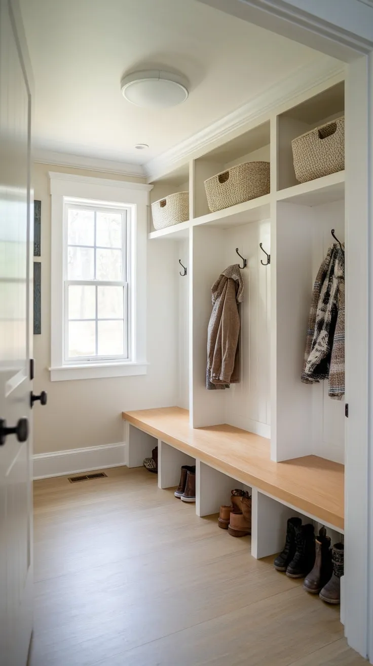 A bright small mudroom maximizes space with a split entry, built-in storage, and a bench