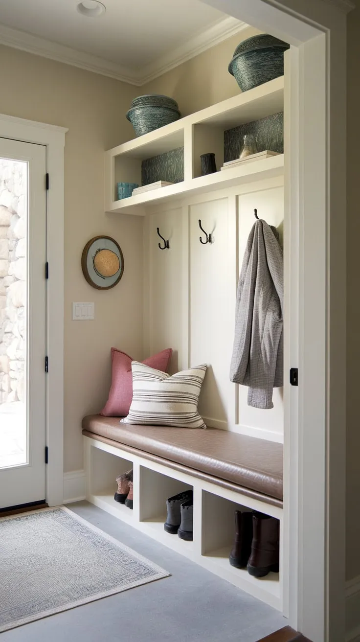 A light and airy split-entry mudroom cleverly uses a small footprint to offer practical storage and welcoming charm.