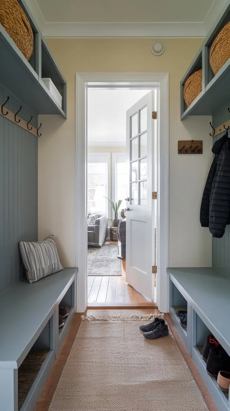 A small mudroom cleverly maximizes space with a split entry, bench storage, and wall hooks for coats and shoes.