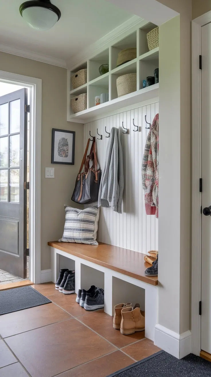 A compact yet efficient mudroom design features a split entry, bench seating, ample shoe storage, and exterior access.