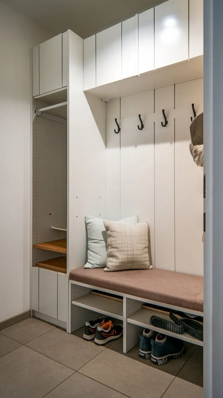 Maximize your small entryway's functionality with a bright, tiled space featuring a bench, hooks, and shelving for shoes and storage