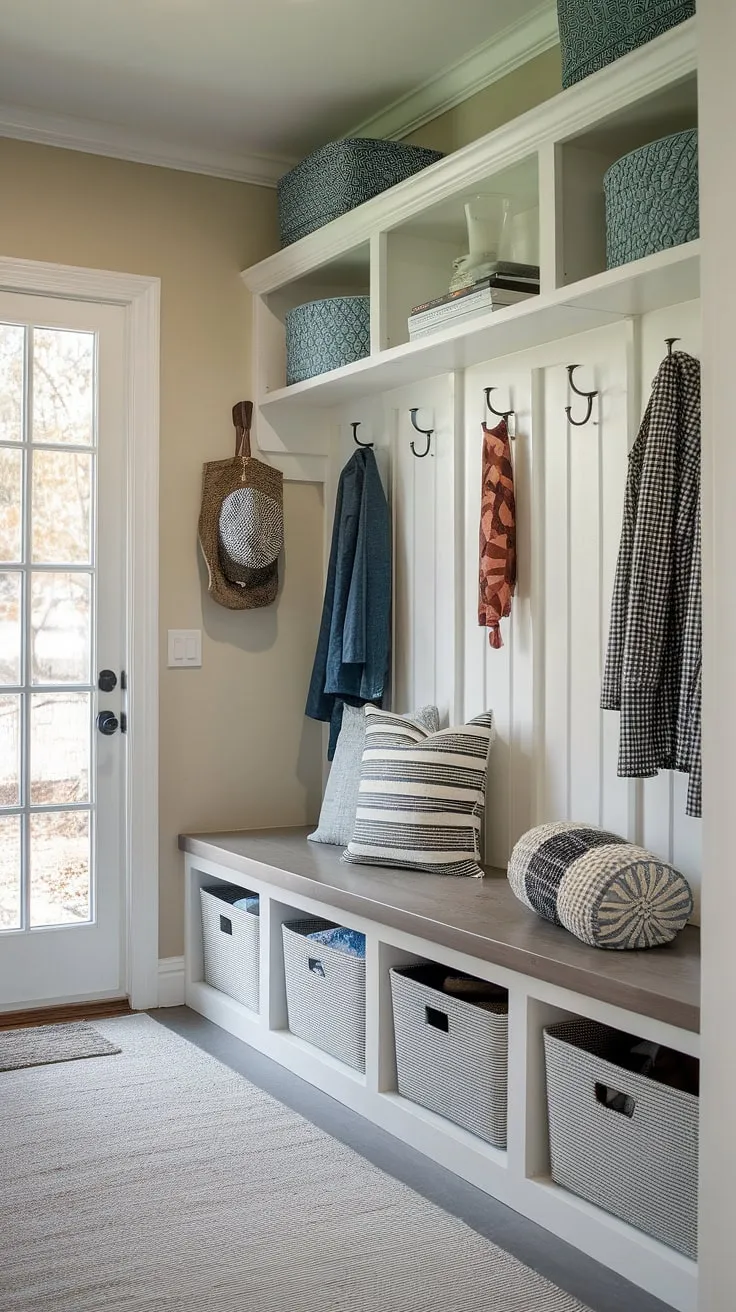 Maximize your space and minimize clutter with clever mudroom storage solutions. This small entryway storage setup proves that even a compact space can be organized and stylish, offering practical entryway organization and charming entryway decor.  From the bench with storage bins to the overhead shelf, every inch is utilized for efficient entrance storage and a welcoming entrance design.
