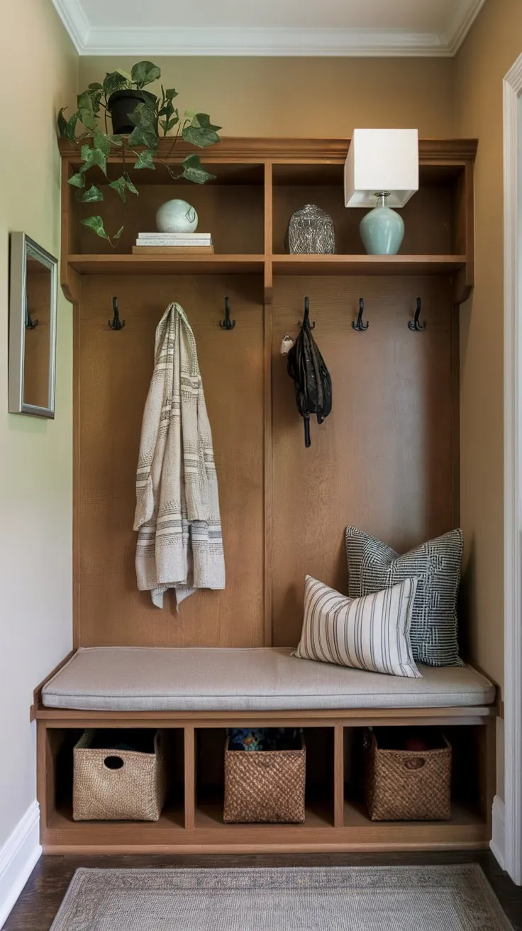 A cozy beige entryway boasts a cushioned bench with overhead storage, a coat rack, and a rug, maximizing small-space mudroom functionality