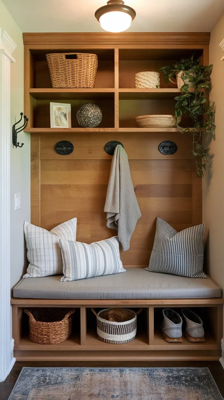 Transform your entrance into a haven of organization and style with these small entryway storage solutions. This mudroom storage setup showcases how a little creativity can turn a cramped space into a functional and beautiful entryway.  The combination of practical entrance storage and charming entryway decor makes this small entryway a true design inspiration, offering plenty of ideas for entryway organization and mudroom organization.