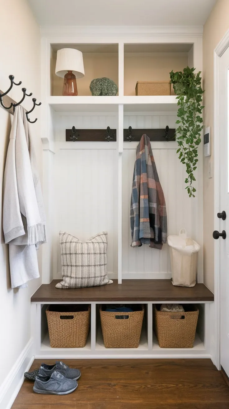 Maximize your small entryway with a stylish mudroom featuring a bench, shelving, and coat rack for efficient storage and organization.