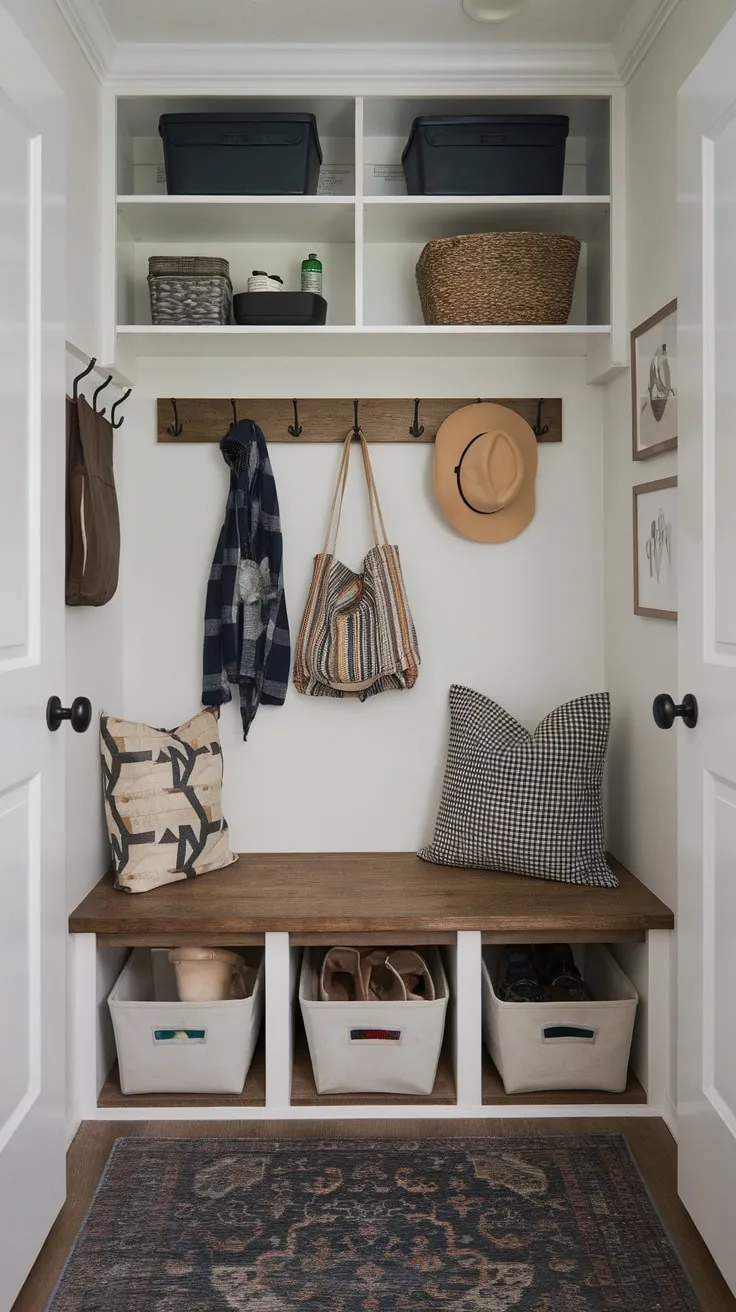 Maximize your small entryway with a functional mudroom featuring a bench, hooks, and shelving for stylish and efficient storage.