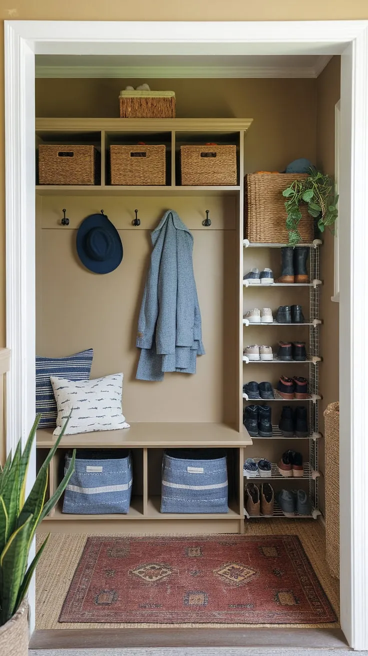 This cozy mudroom proves that even small entryways can be beautifully organized.  Clever mudroom storage solutions, including a bench with storage baskets and a dedicated shoe storage unit, maximize space and create an inviting entryway.  These entryway storage ideas are perfect for small entryway storage needs, offering a blend of functionality and style.  Explore these entrance storage solutions and entryway organization tips for your own entrance design ideas.
