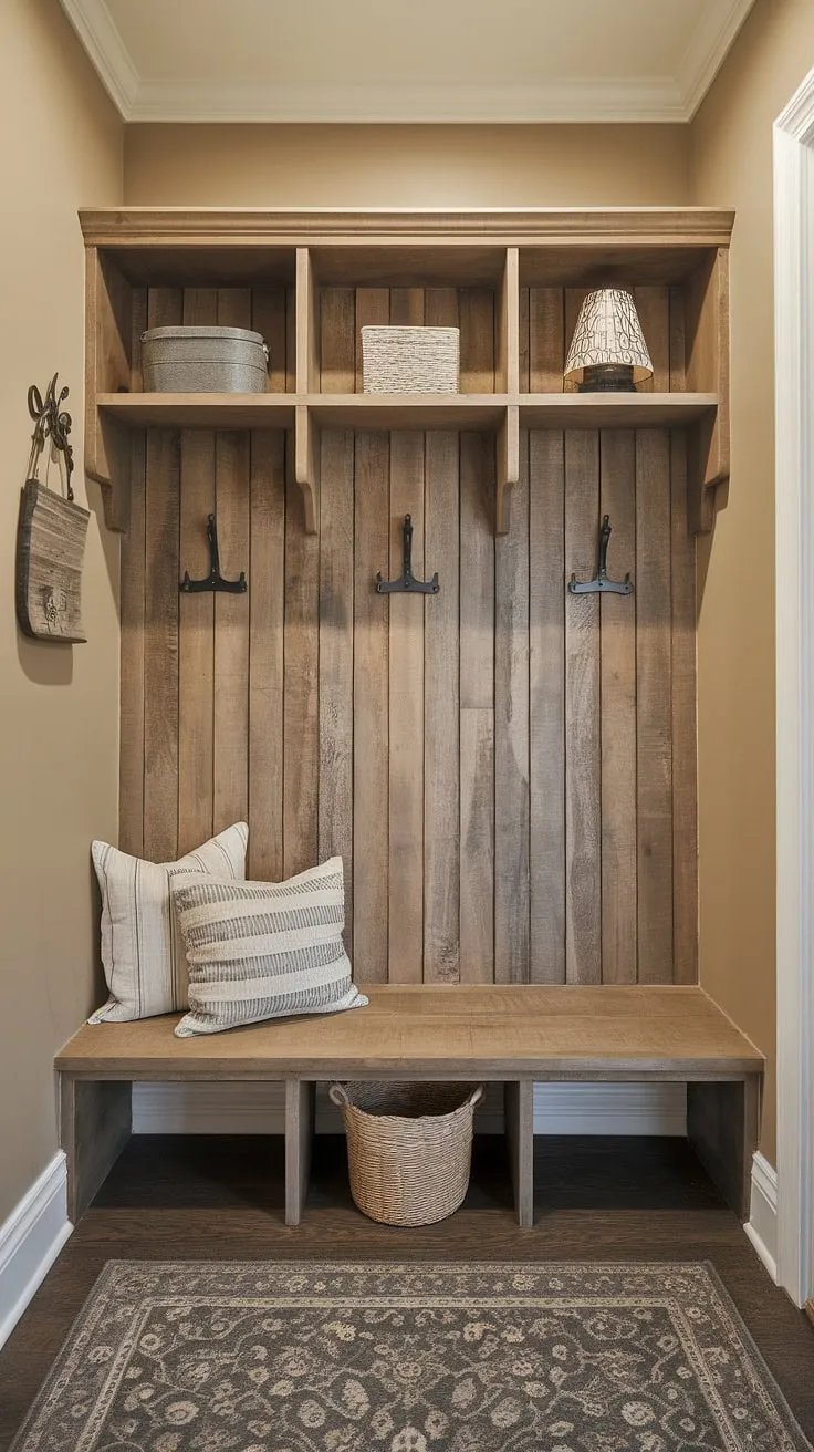 Mudroom organization doesn't have to be overwhelming! This compact mudroom storage solution showcases how simple entrance storage can be both functional and aesthetically pleasing.  Discover entryway storage ideas that transform a small entryway into a welcoming and organized space, blending practical mudroom organization with delightful entryway decor.