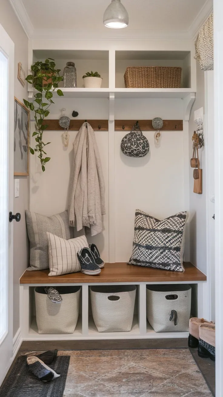 Maximize your entryway's potential with a mudroom design featuring practical storage solutions, charming décor, and a cozy ambiance.