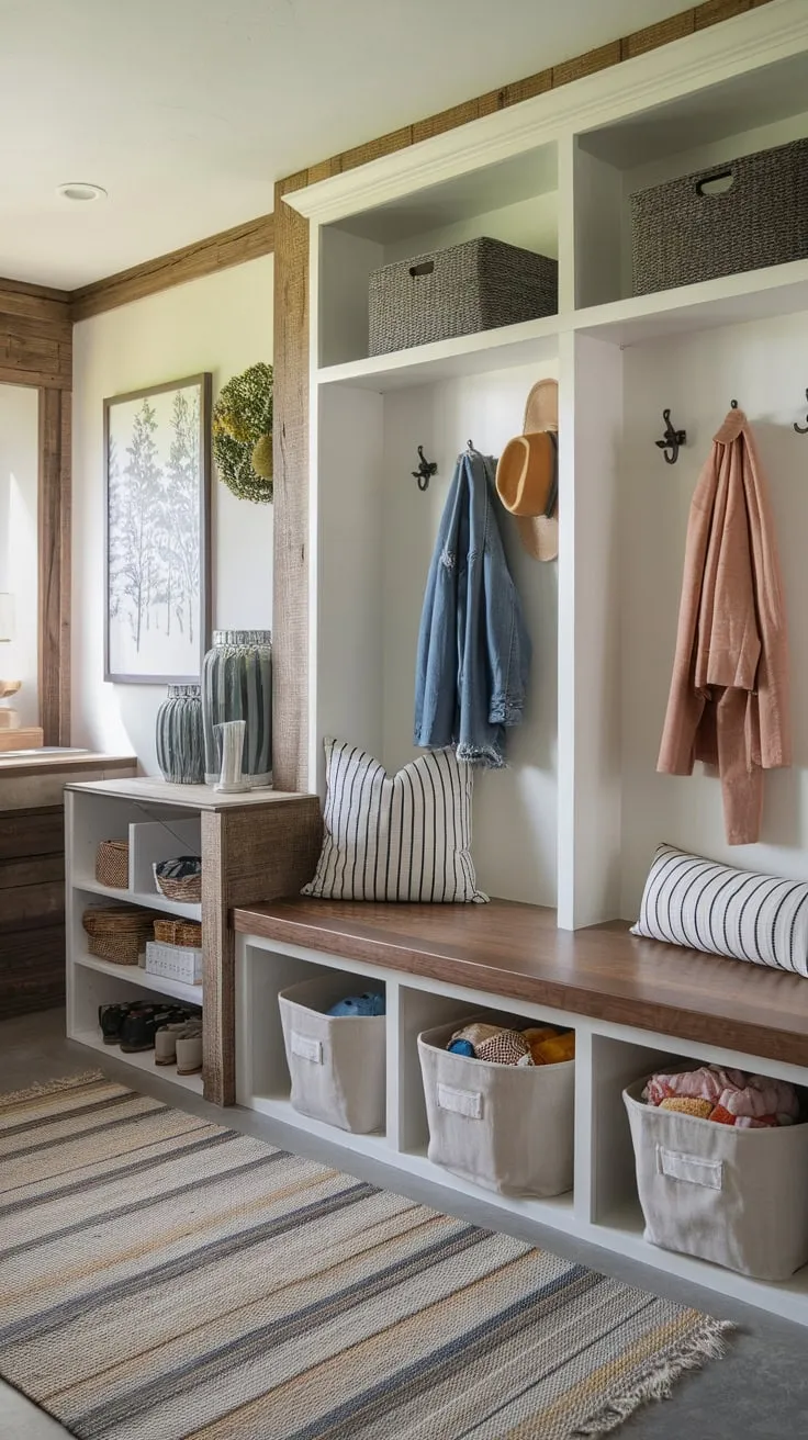 Rustic charm meets practical organization in this mudroom, featuring a bench with storage, overhead hooks, and a decorative shelf.