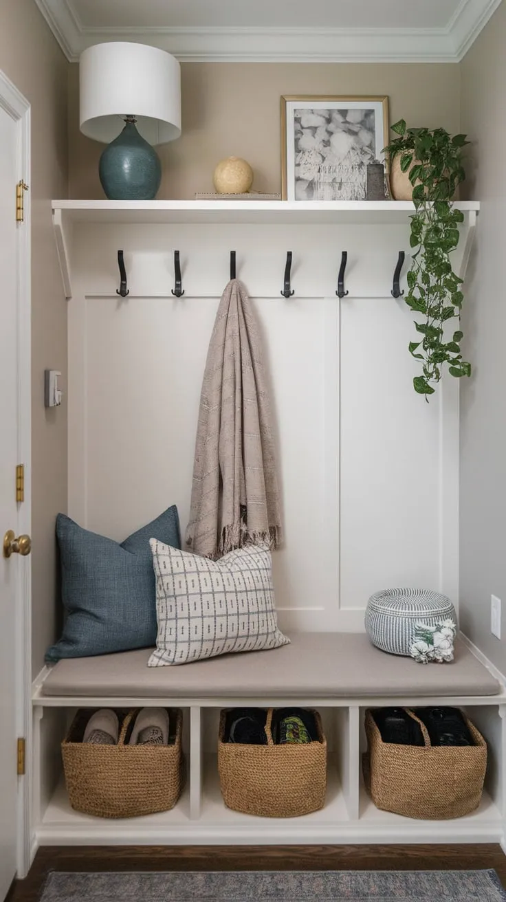 Organized chaos meets charming design in this small mudroom featuring a bench, shelving, and coat rack for efficient yet stylish storage.